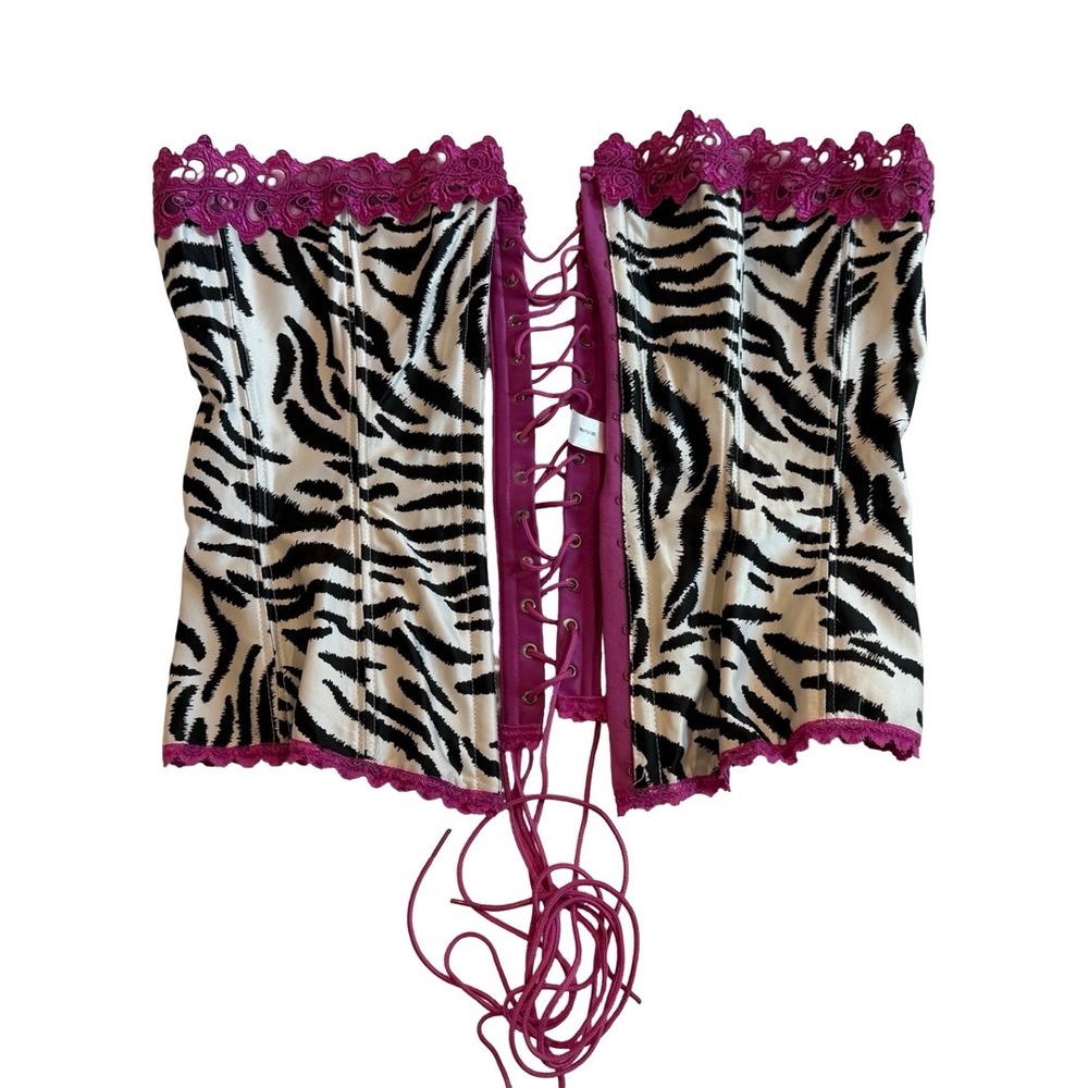 Fredericks of Hollywood Zebra Print Corset Magenta Lace Up Top 36 Style 7030